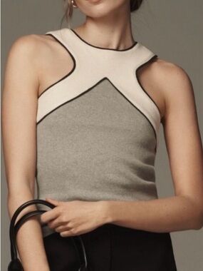 Maeve from Anthropologie Two-Tone Cutout Halter Tank - Cream & Gray
